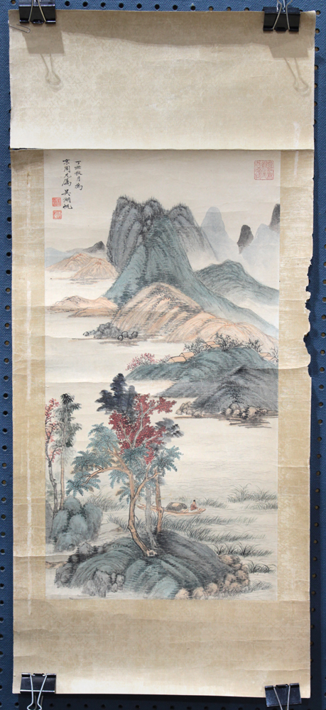 Manner of Wu Hufan (Chinese, 1894-1968), Landscape, ink and color on paper, the left with
