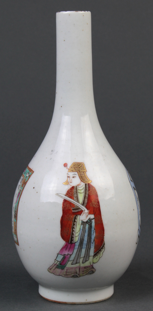 Chinese enameled porcelain vase, with a long neck and pear shaped body featuring figures