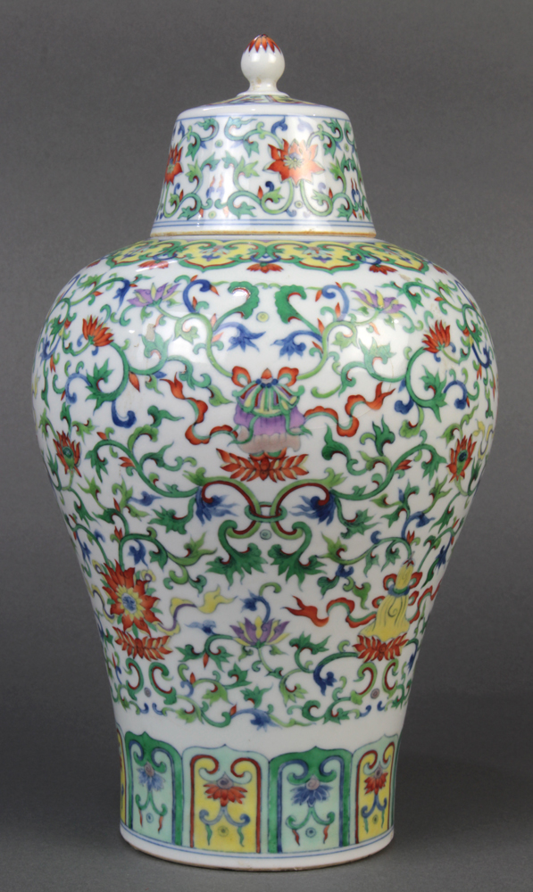 Chinese doucai porcelain lidded jar, the meiping form body featuring Buddhist treasures amid dense