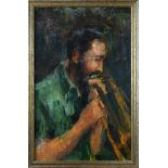 Ron Blumberg (American, 1908-2002), Trombone Player, oil on masonite, unsigned, overall (with