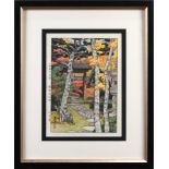 Yoshida Toshi (Japanese, 1911-1995), "Sangetsu-an Hakone Museum" woodblock print, left lower with