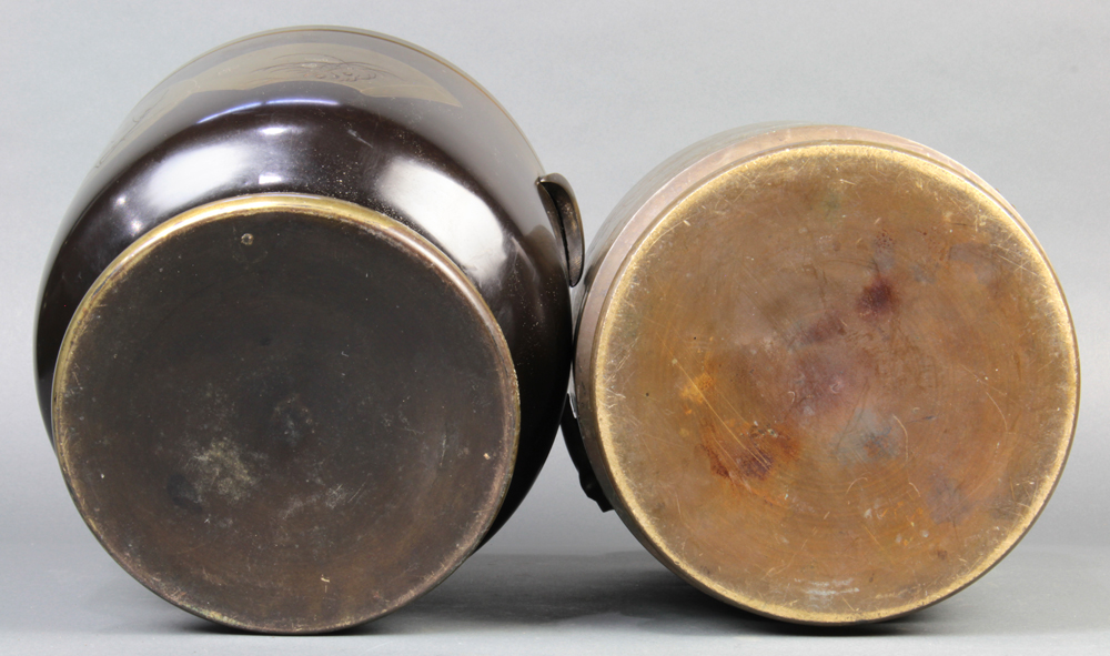 (lot of 2) Japanese bronze hibachi, cylindrical form, one etched with plum blossom, marked "Nihon - Image 5 of 5