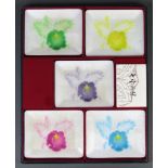 (lot of 5) Japanese cloisonne plates, rectangular with an orchid on white ground, approx. 4.5"l x