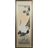 Japanese framed scroll, ink and colors on silk, depicting two cranes by a pine tree, lower right