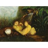 American School (20th century), Bathing Chicks, oil on canvas, unsigned, canvas (unframed): 12"h x