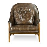 Edward Wormley for Dunbar teak and leather tufted, upholstered lounge chair