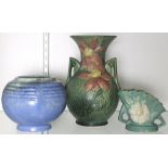 (lot of 3) Roseville Pottery group, consisting of a fan form vase with matte green glaze,