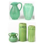(lot of 5) Rookwood Pottery vessel group, consisting of a matte green vase with blue decoration, 8.