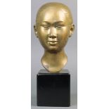 Vietnamese copper alloy head, of a beauty with hair pulled into a bun, neck with two marks, 13.5"h