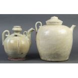 (lot of 2) Vietnamese glazed ceramic ewers, Tran dynasty (13th/14th c): first of celadon glaze