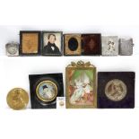 (lot of 9) Collection of portrait miniatures, together with a Helbros clock housed in a sterling