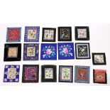 (lot of 18) Chinese embroidered small panels, including flower patterns, zoomorphs and figures