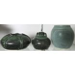 (lot of 3) Enzy Pottery ceramic vessel group, each with a green mottled glaze, each incised "Enzy"