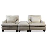 (lot of 3) Moderne upholstered suite, consisting of two armchairs and an ottoman, having taupe