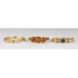 (Lot of 3) Multi-stone, yellow gold rings Including 1) citrine, 18k yellow gold ring, size 5.75;
