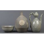 (lot of 3) Korean celadon glazed ceramic, consisting of a bowl with floral pattern and characters to