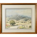 Frank Serratoni (American, 1908-1970), Farm in the Foothills, watercolor, signed lower right,