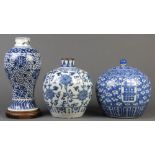 (lot of 3) Chinese underglaze blue porcelain: first, a jar with a short cylindrical neck and body