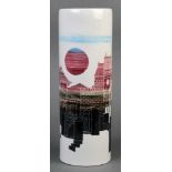 Chinese serigraph decorated porcelain vase, of cylindrical form with a water village under the