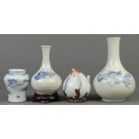 (lot of 4) Korean blue-and-white porcelain, two bottle vases with flowers and/or birds; one small