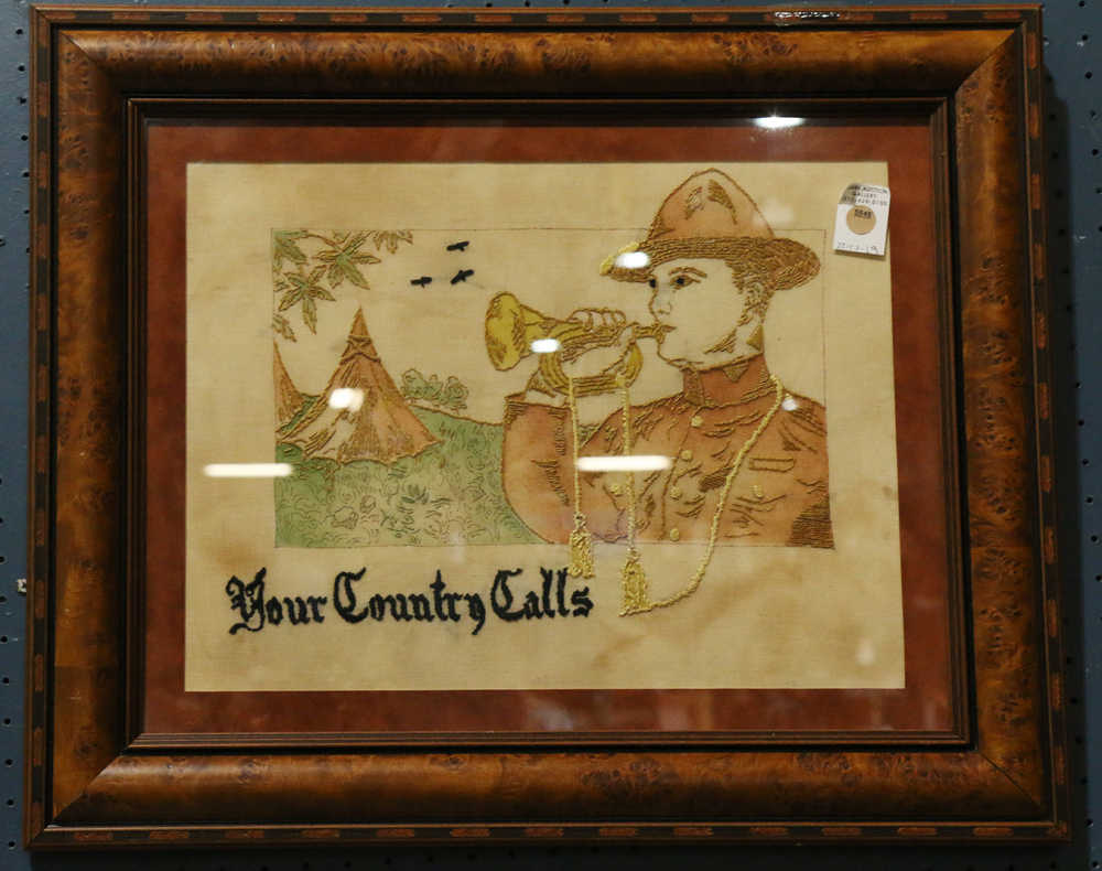 United States Army recruitment embroidered textile circa 1910, depicting a soldier bugler, his