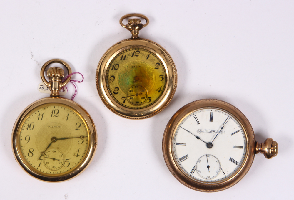 (Lot of 3) Gold-filled open face pocketwatches Including 1) Elgin gold-filled, open face