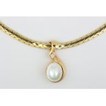 Cultured pearl, diamond and 14k yellow gold pendant-necklace