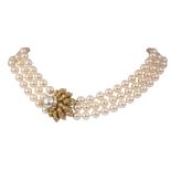 Van Cleef & Arpels diamond, cultured pearl and 18k yellow gold triple-strand necklace