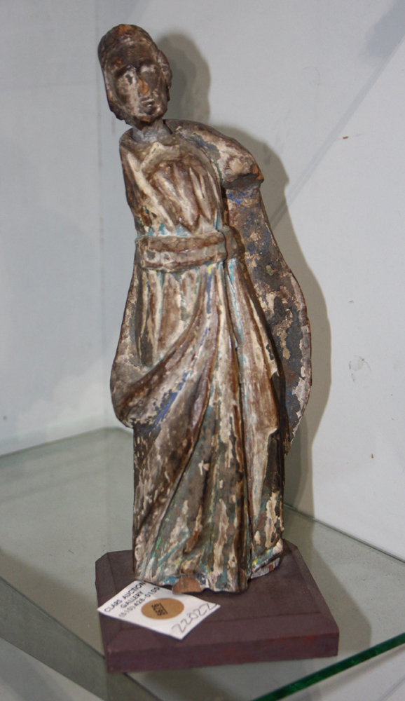 Carved wood Santos figure, late 19th/early 20th Century, depicting a robed figure with blue and