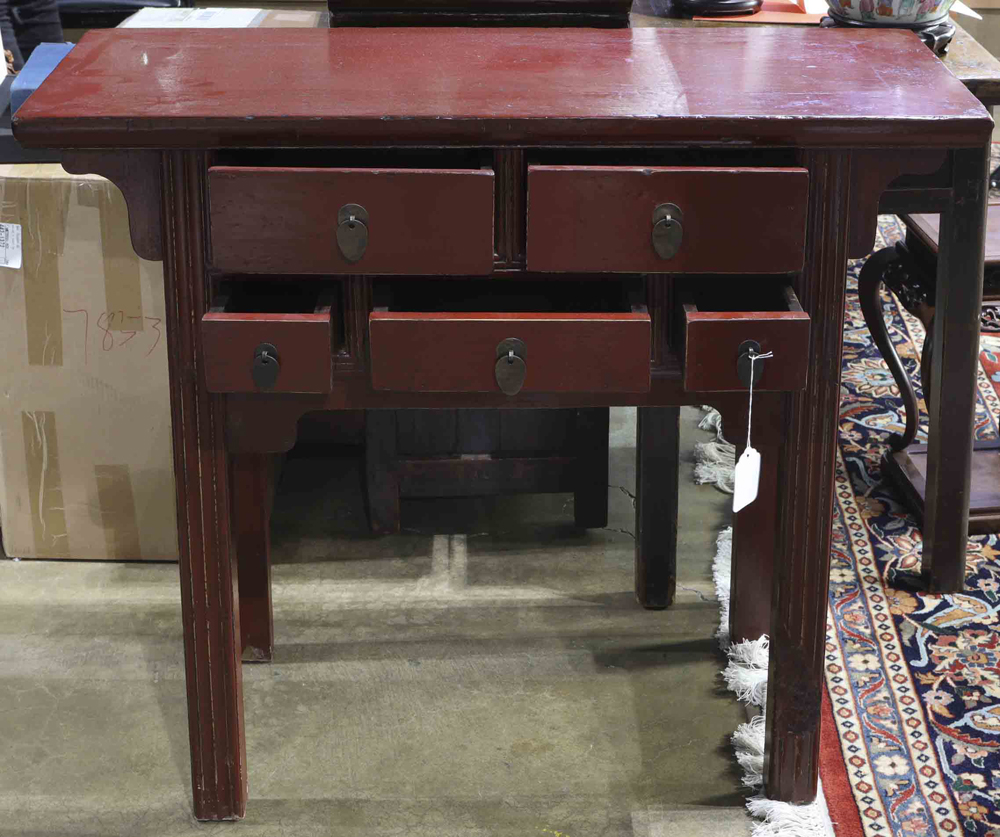 Chinese red lacquered table, fronted with five drawers, and raised on rectangular supports, 40.5"h - Image 2 of 2