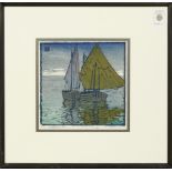 Carl Thiemann (German, 1881-1966), "Segelboote," woodcut in colors on japon paper, pencil signed