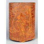 Chinese bamboo brush pot, featuring a gentleman holding a whip outside a villa, reversed by a