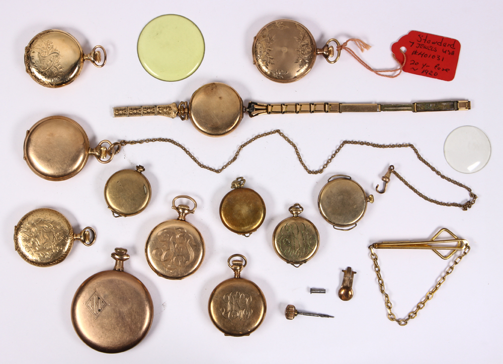 (Lot of 12) Gold-filled, metal watches and items Including 1) Waltham gold-filled open face - Image 3 of 3