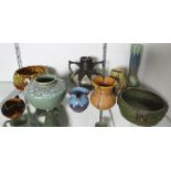 (lot of 8) Art pottery group, consisting of various forms and makers, each with a polychrome mottled