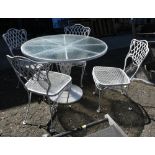 (lot of 5) French bistro style dining suite, consisting of four white painted side chairs, 34"h, and