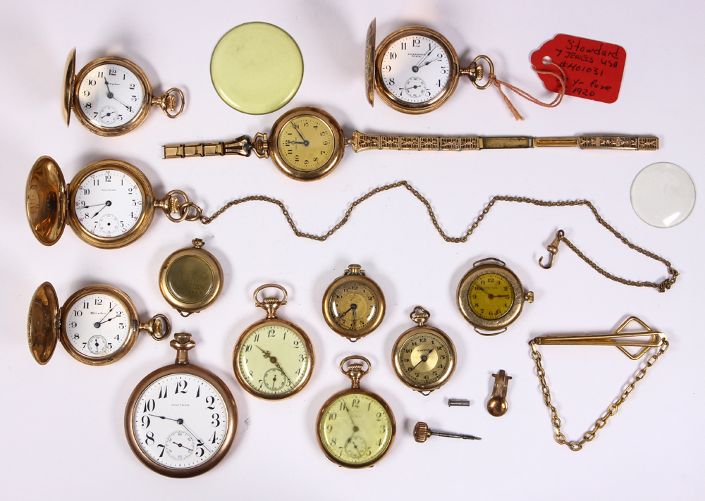 (Lot of 12) Gold-filled, metal watches and items Including 1) Waltham gold-filled open face