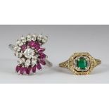 (Lot of 2) diamond, ruby, emerald and 14k gold rings Including 1) diamond, ruby, 14k yellow gold