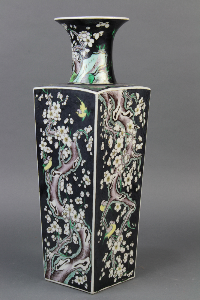 Chinese famille noir porcelain vase, with a trumpet neck above a tapering square sectioned body - Image 2 of 5