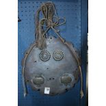 Japanese iron plate, with pomegranates and chrysanthemums, with hanging rope and sash, approx. 15.