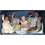One shelf of mostly German bisque head dolls, makers include Kestner, Armand Marseille, and Max