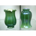 (lot of 2) Lundberg Studios glass shades, each executed in iridescent green, and having a ruffled