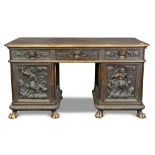 Massive Baroque style ebonized oak pedestal desk