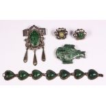 Collection of Mexican calcite, sterling silver jewelry Including 1) Mexican carved calcite mask,