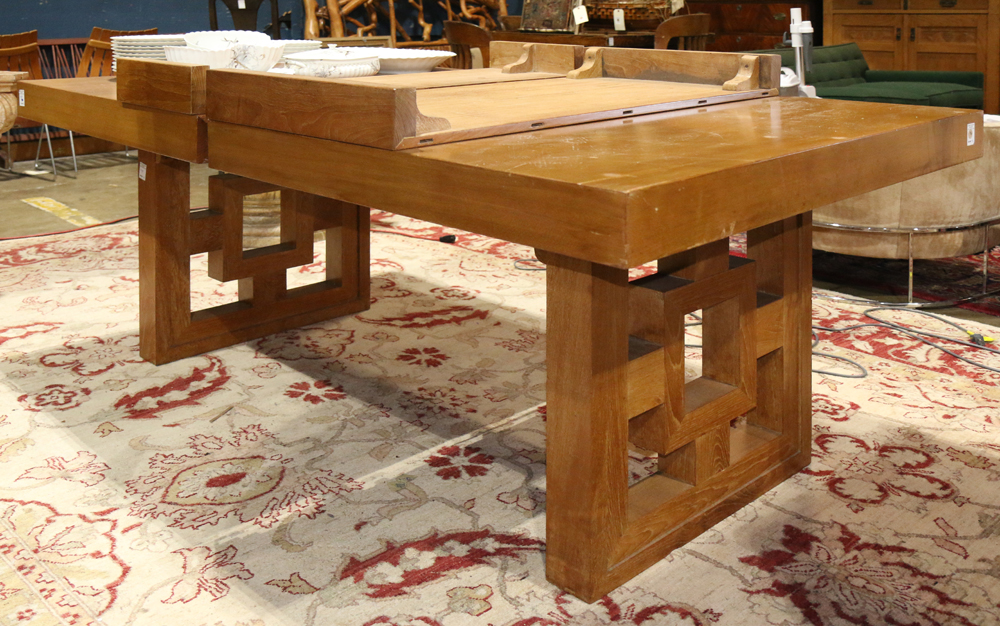 Mid-Century Asian inspired dining table, having a rectangular top with two 12"l leaves, and rising - Image 3 of 3