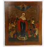Large Russian icon circa 1850, on board, having a paint decorated panel, the top with script,