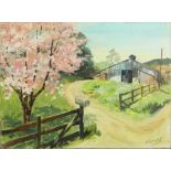 Dale Logan Hill (American, 20th century), "Apple Blossoms with Barn," oil on canvas, signed lower