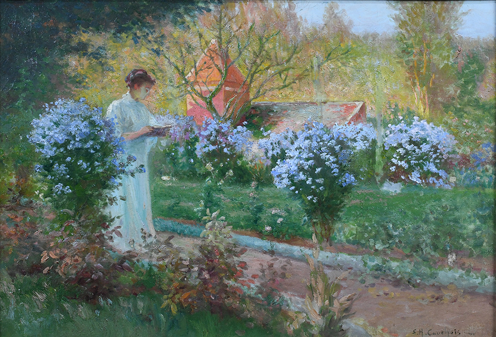 Eugène Henri Cauchois (French, 1850-1911), Lady Reading in the Garden, oil on canvas, signed lower - Image 2 of 4