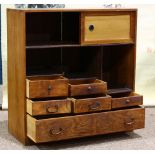 Japanese ko-dansu small chest, sliding-door section above kazaridana (display shelves) in the