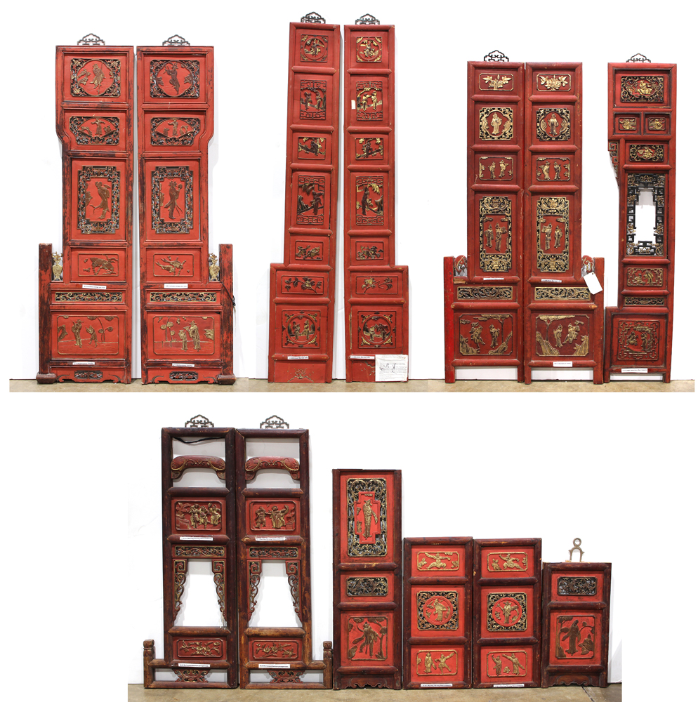 (lot of 13) Chinese gilt red lacquer furniture fragments, of various forms and patterns, some of