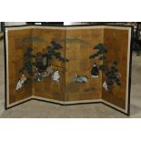 Japanese four-panel byobu screen, depicting noble men and women from Heian period, a gisha (ox cart)